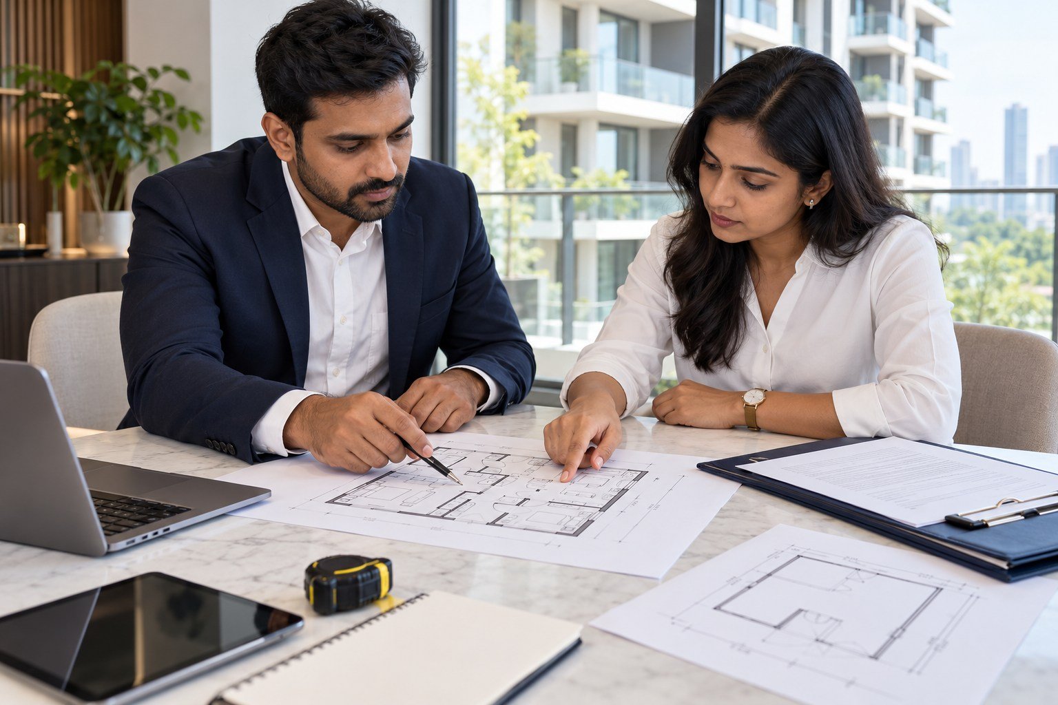 Building inspection professionals comparing agreement, floor plan and area records