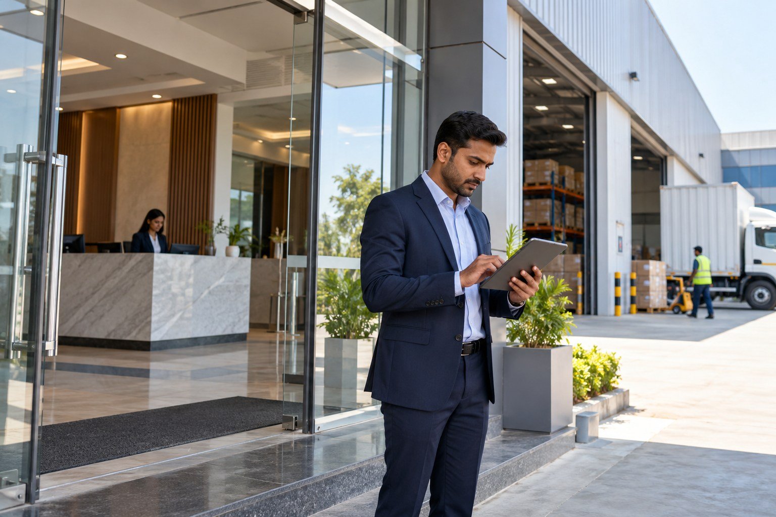 Illustrative verification professional documenting an Indian business premises entrance